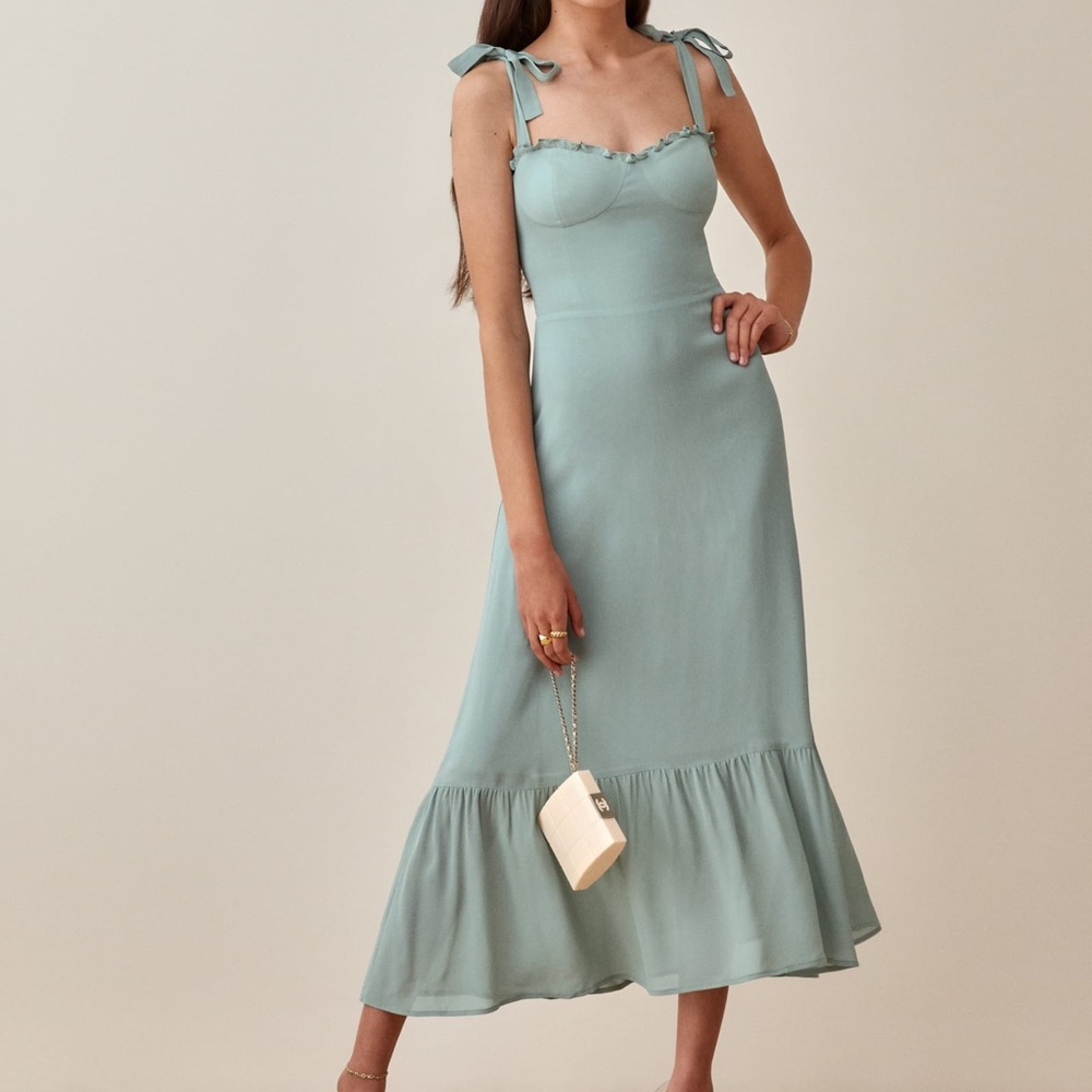 Reformation Sage Green Tie-Strap Midi Dress